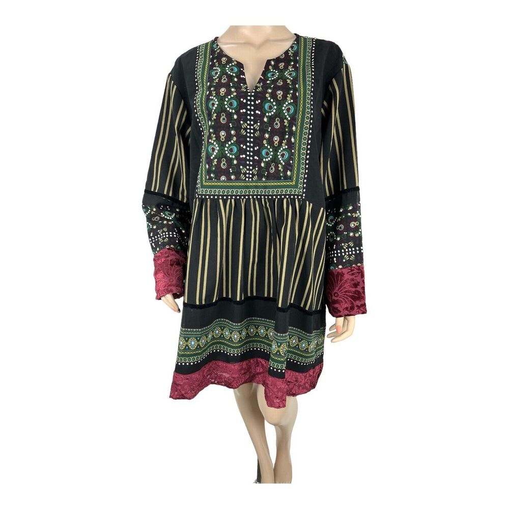 Ulla Popken Boho A Line Tunic Dress Green Floral with Red Velvet Trim SZ 16/18